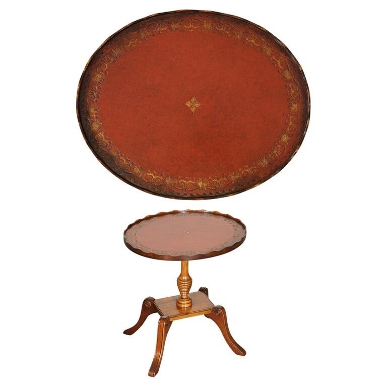 Vintage Yew Wood Burgundy Leather Top Side End Lamp Wine Table With Pie Crust