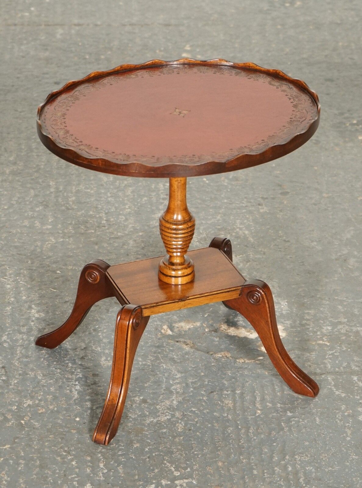 Vintage Yew Wood Burgundy Leather Top Side End Lamp Wine Table With Pie Crust photo furniture