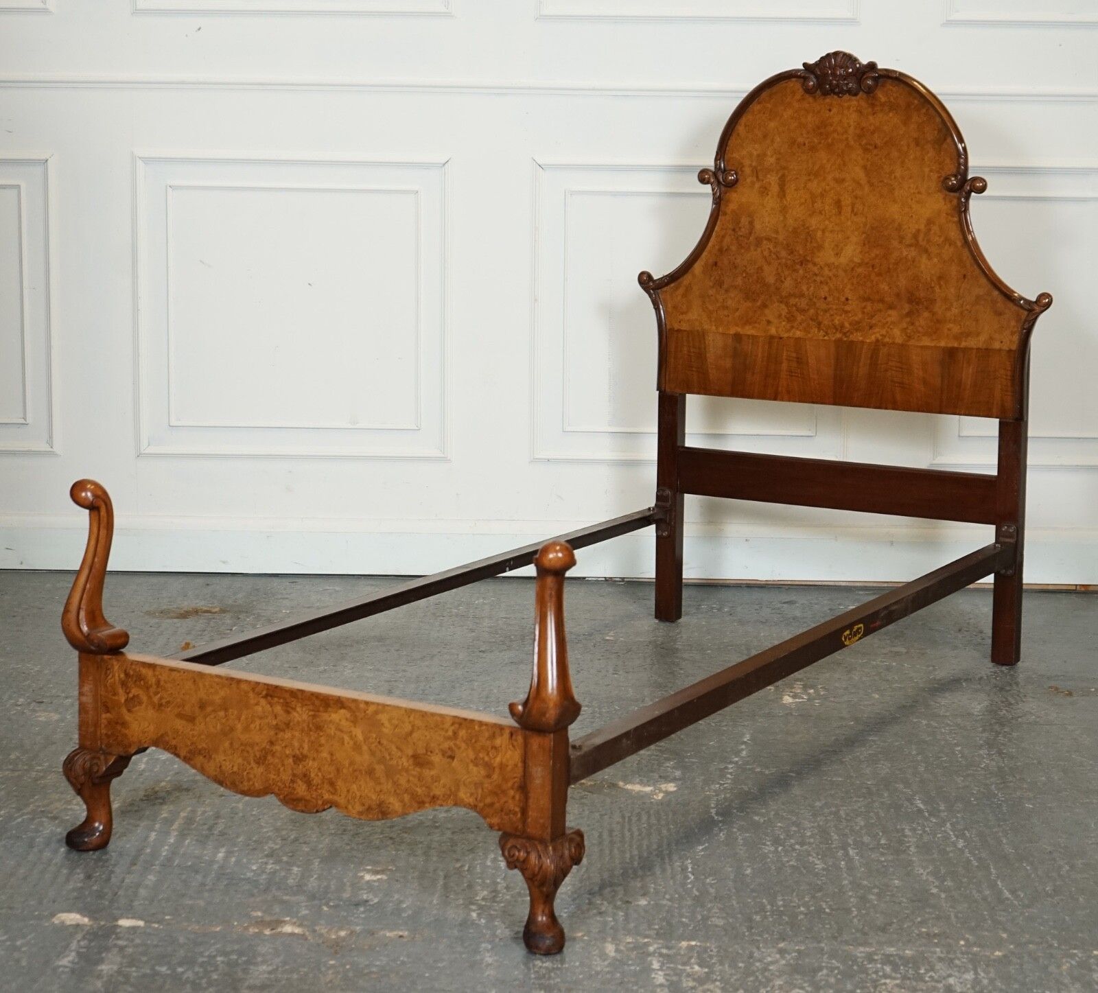 Circa 1930 Art Deco Burr Walnut English Made Vono Bedstead Frame Queen Anne Legs photo for sale
