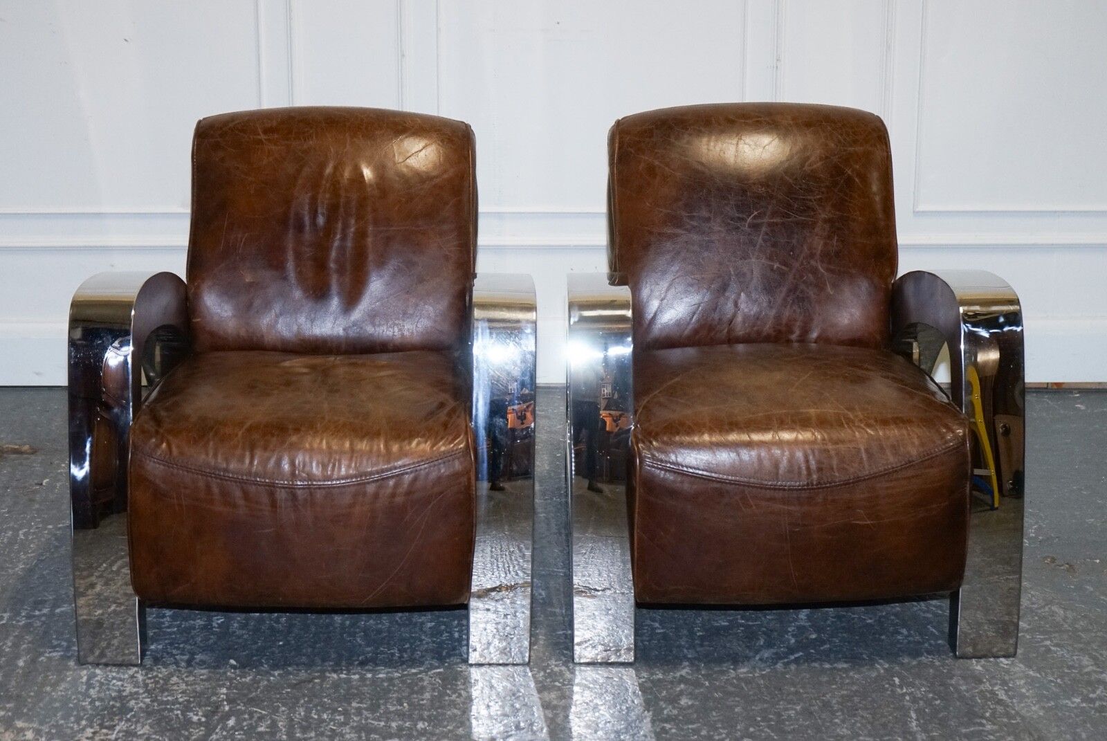 Stunning Pair Of French Art Deco Chrome Aviator Heritage Brown Leather Armchairs photo for sale
