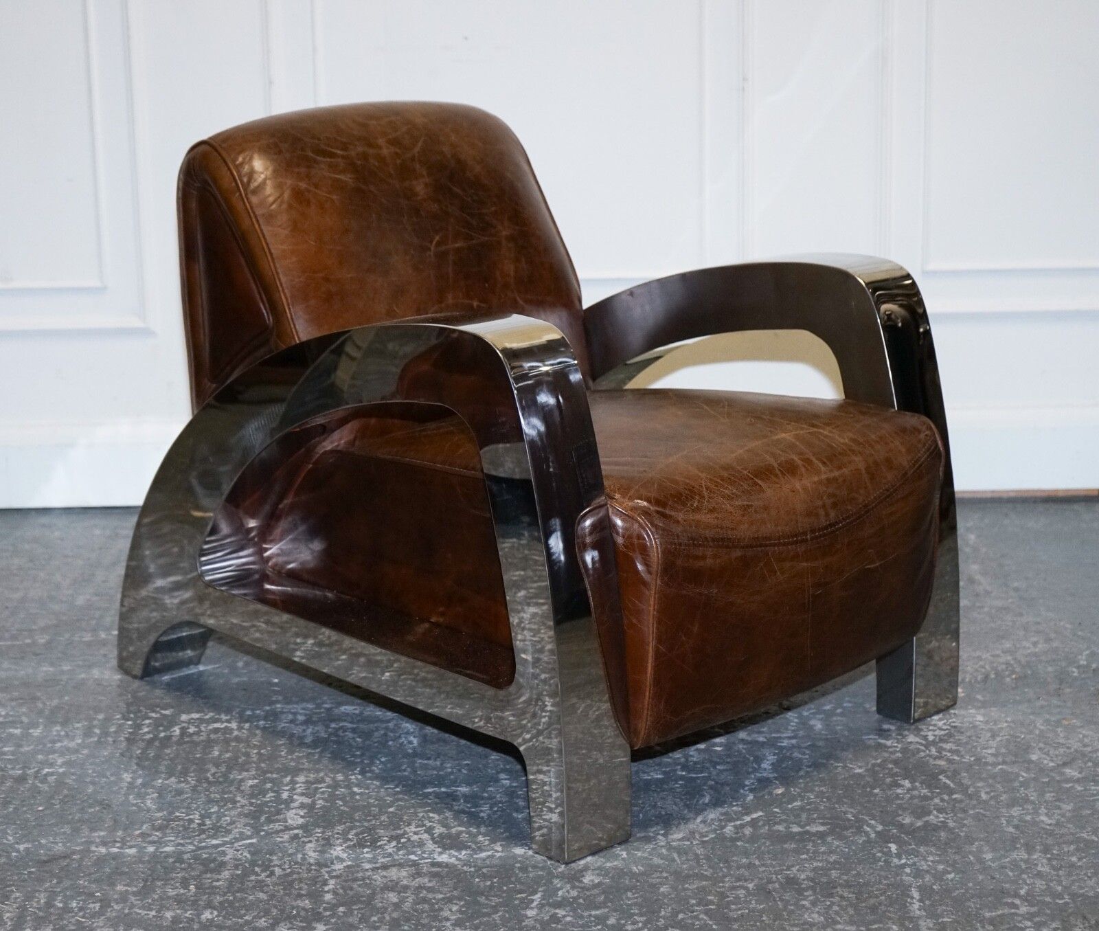 Stunning Pair Of French Art Deco Chrome Aviator Heritage Brown Leather Armchairs photo 3850.0