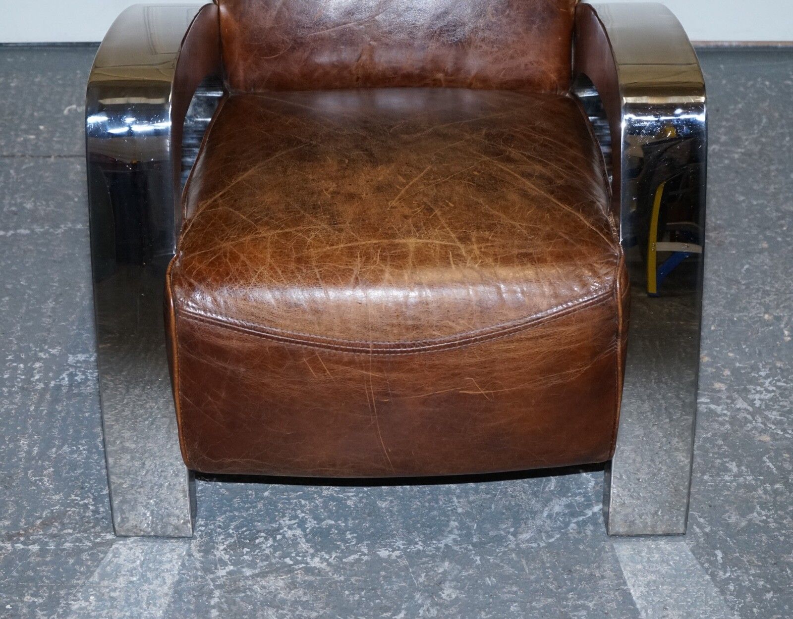 Furniture Stunning Pair Of French Art Deco Chrome Aviator Heritage Brown Leather Armchairs photo