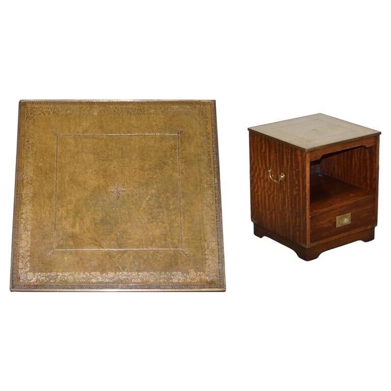 Vintage Bevan Funell Military Campaign Bedside Table Nightstand Leather Top