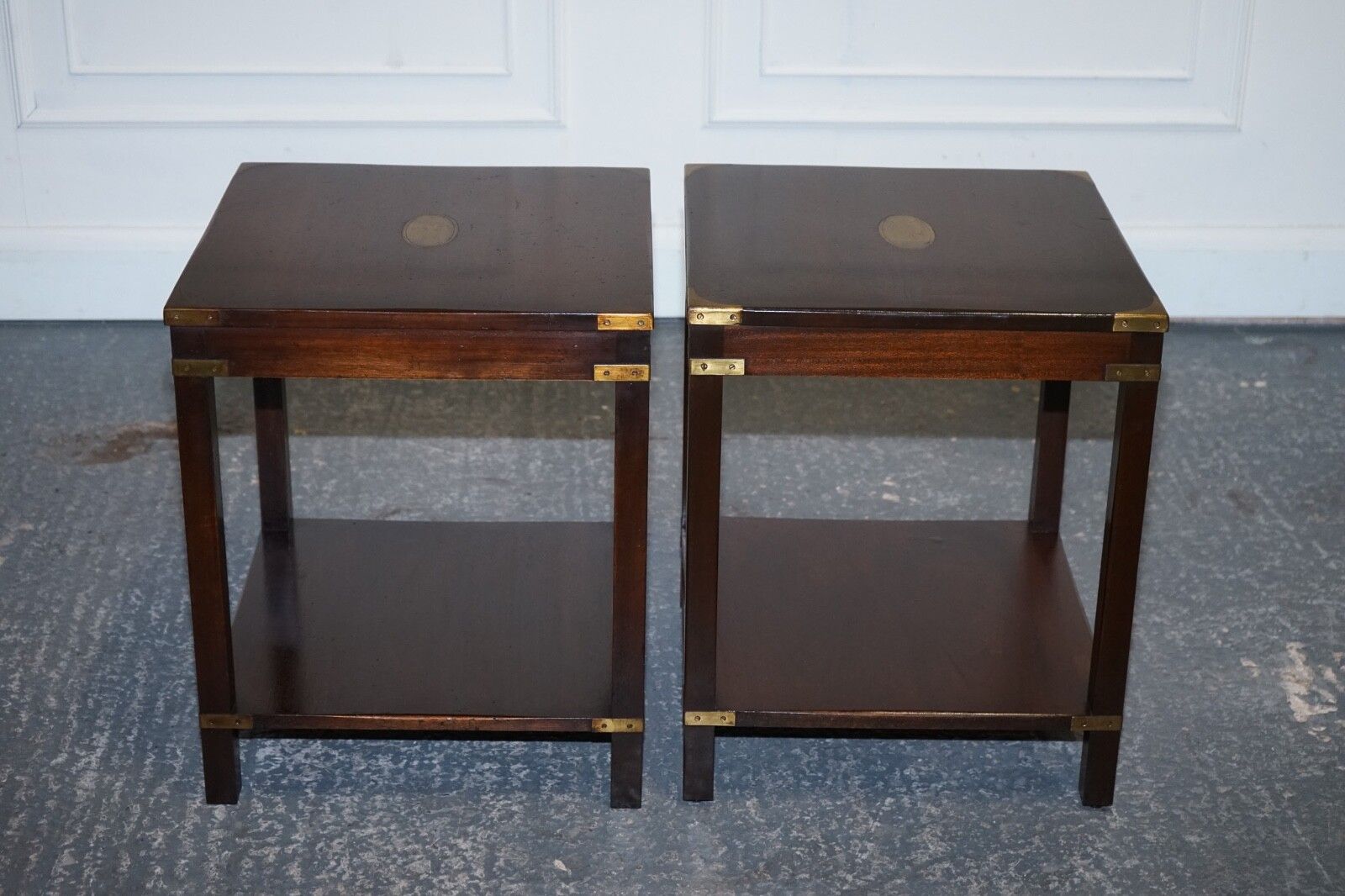 Fine English Pair Of Bevan Funnell Military Campaign Nightstands End Side Tables photo vinterior