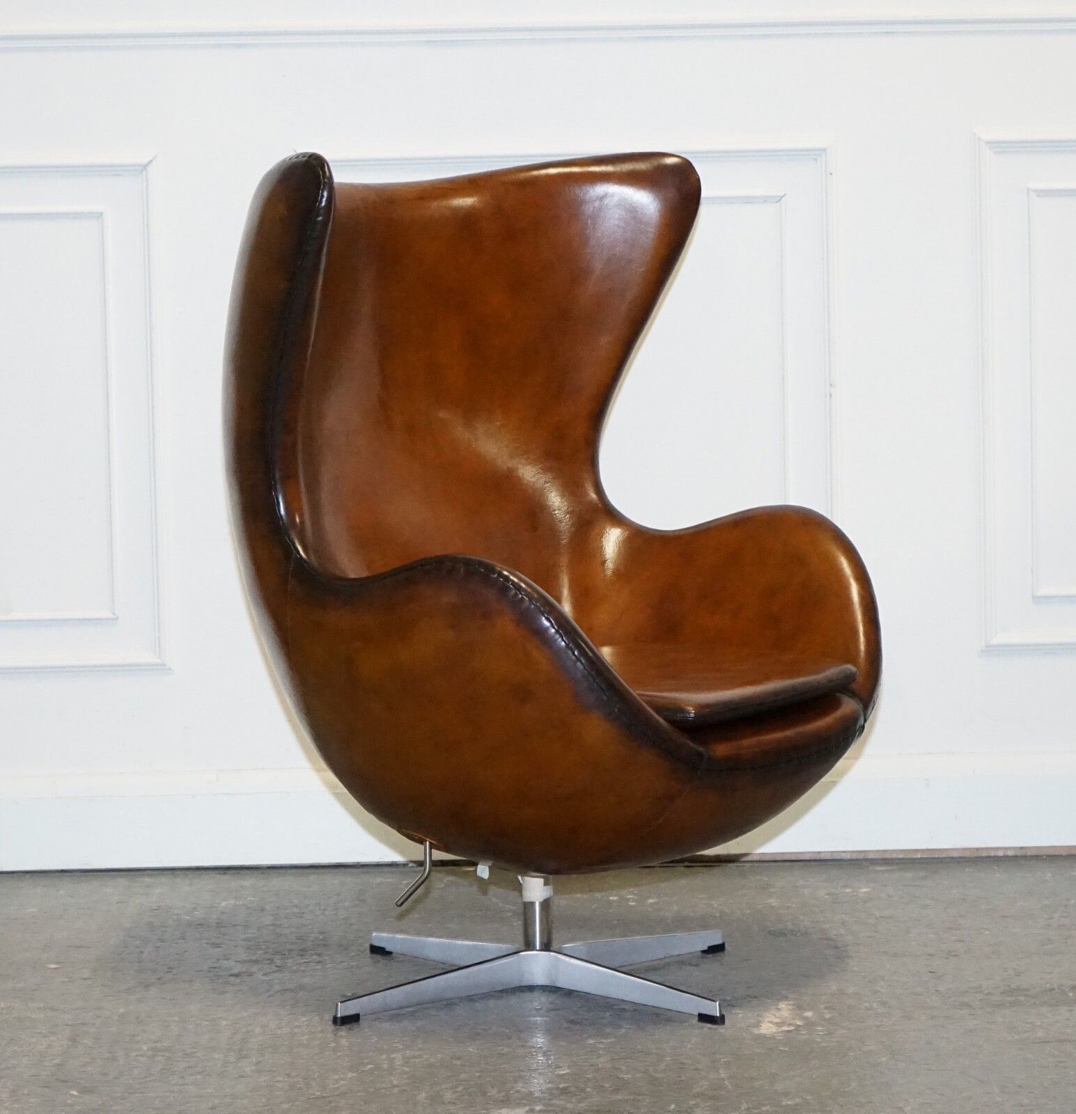 Fritz Hansen Style Vintage Hand Dyed Whiskey Brown Egg Chair photo furniture