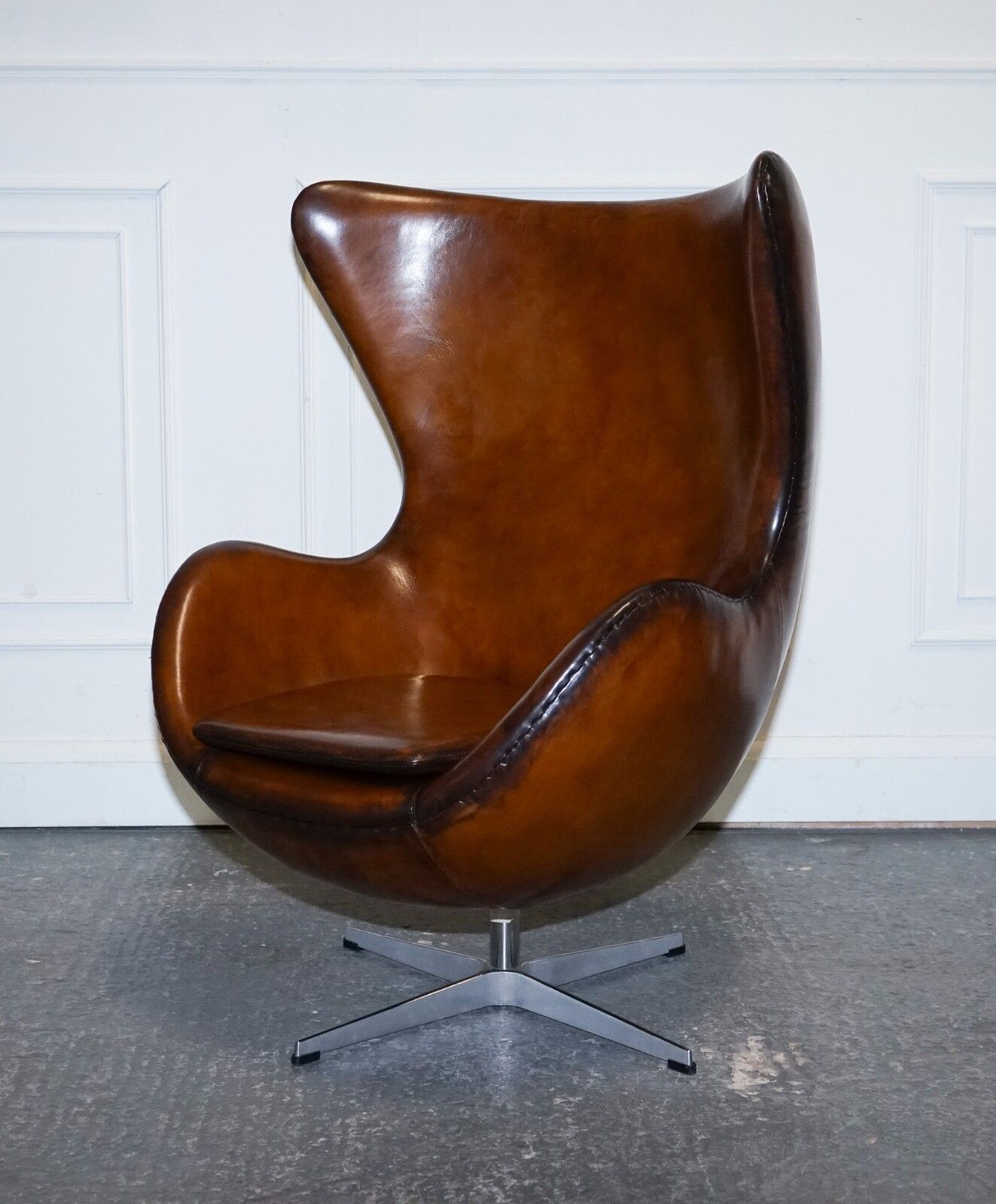 Fritz Hansen Style Vintage Hand Dyed Whiskey Brown Egg Chair photo for sale
