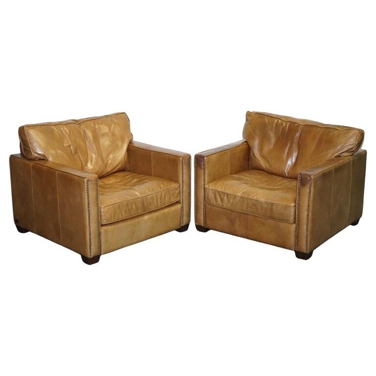 Lovely Timothy Oulton Viscount Pair Of Tan Leather Armchairs Rrp £5,200