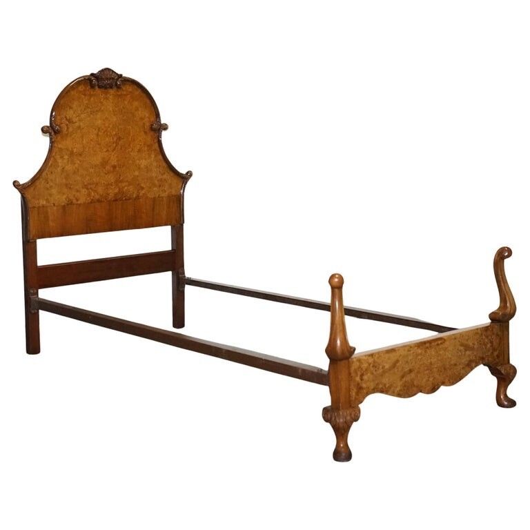 1930 Art Deco Burr Walnut English Made Vono Bedstead Frame Queen Anne Legs 2/2