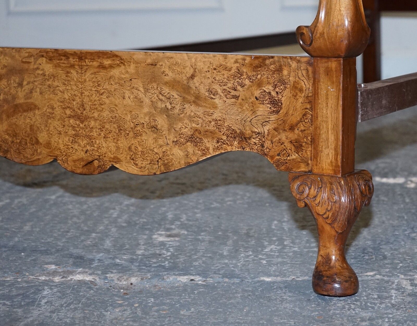photo furniture 1930 Art Deco Burr Walnut English Made Vono Bedstead Frame Queen Anne Legs 2/2