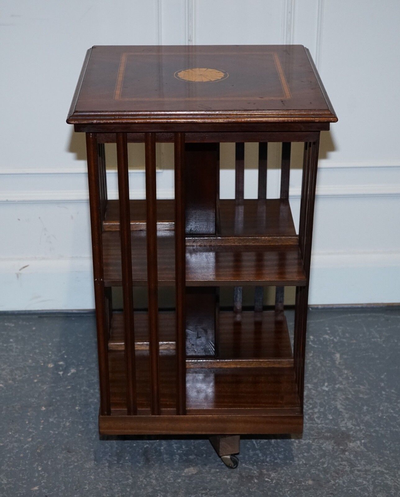 1150.0 Mid Centry Sheraton Revival Inlaid Revolving Bookcase End Table On Castors photo