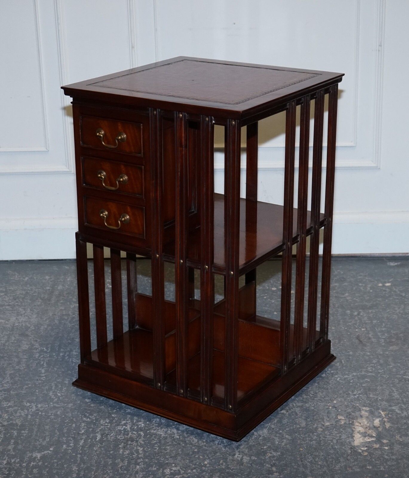 Stunning Revival Inlaid Revolving Bookcase End Table With Brown Aged Leather Top photo for sale
