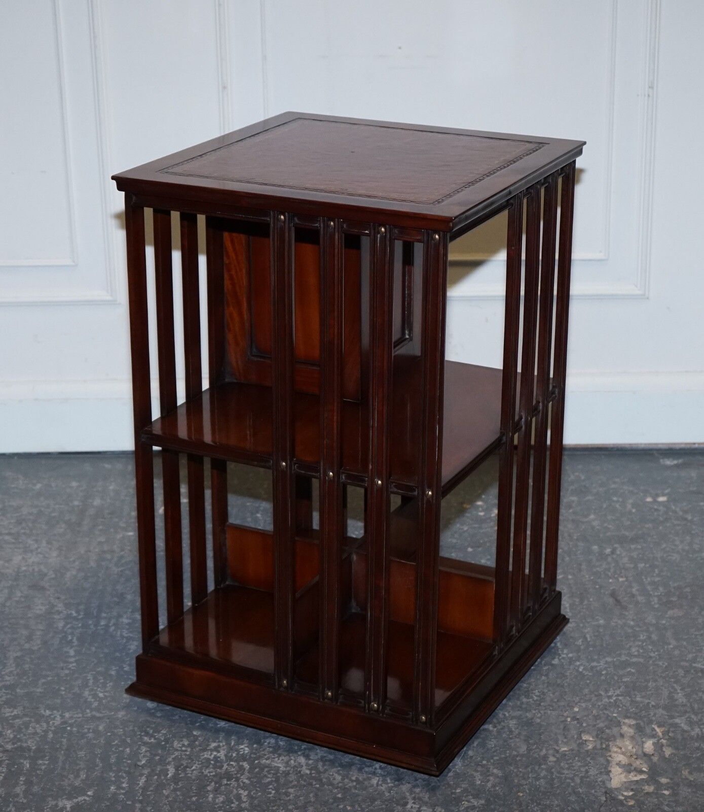 Stunning Revival Inlaid Revolving Bookcase End Table With Brown Aged Leather Top photo 1350.0