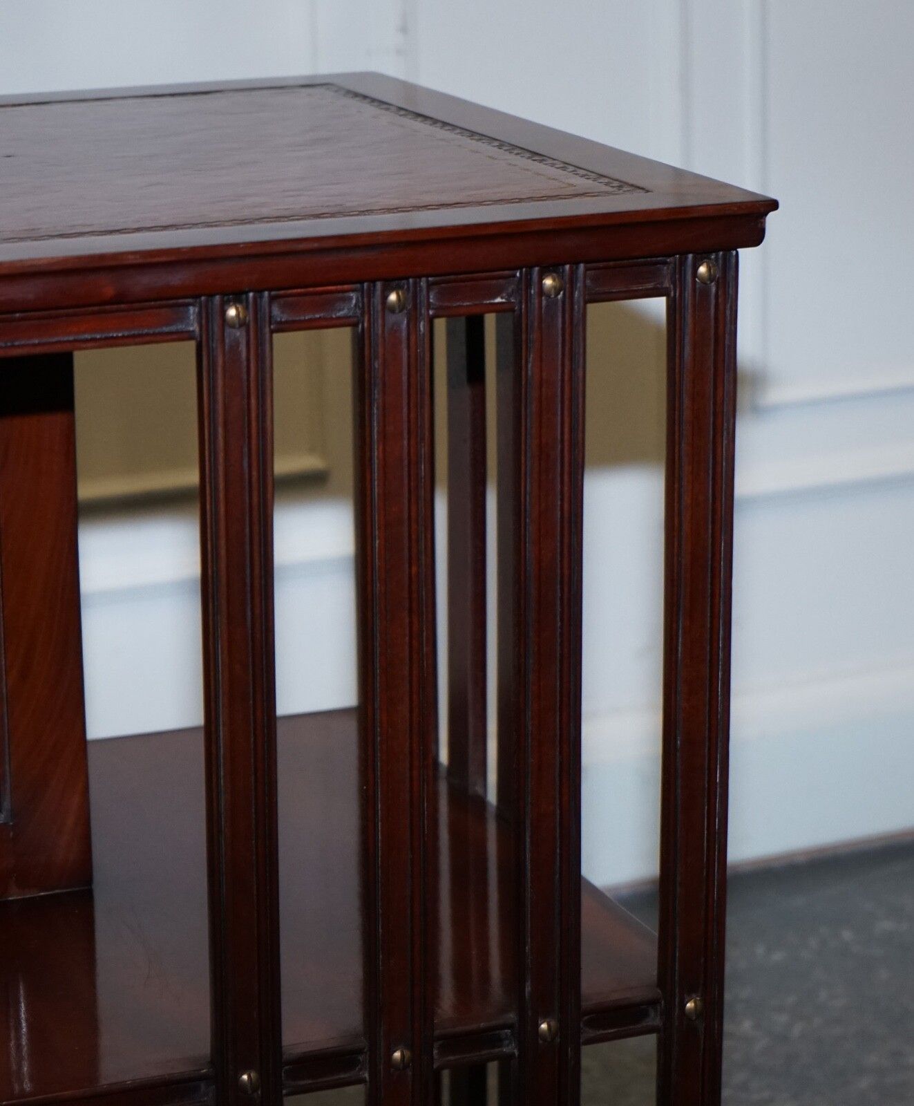 Furniture Stunning Revival Inlaid Revolving Bookcase End Table With Brown Aged Leather Top photo