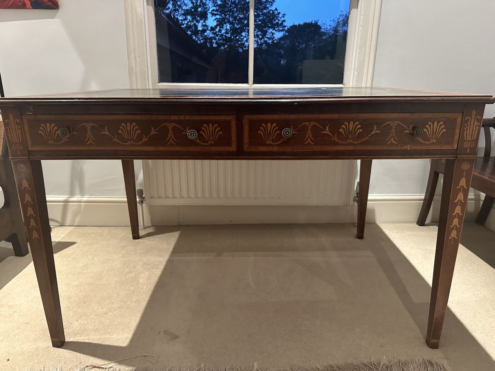“Fine Georgian Hepplewhite Mahogany Writing Desk – Satinwood Inlay, Leather Top photo for sale