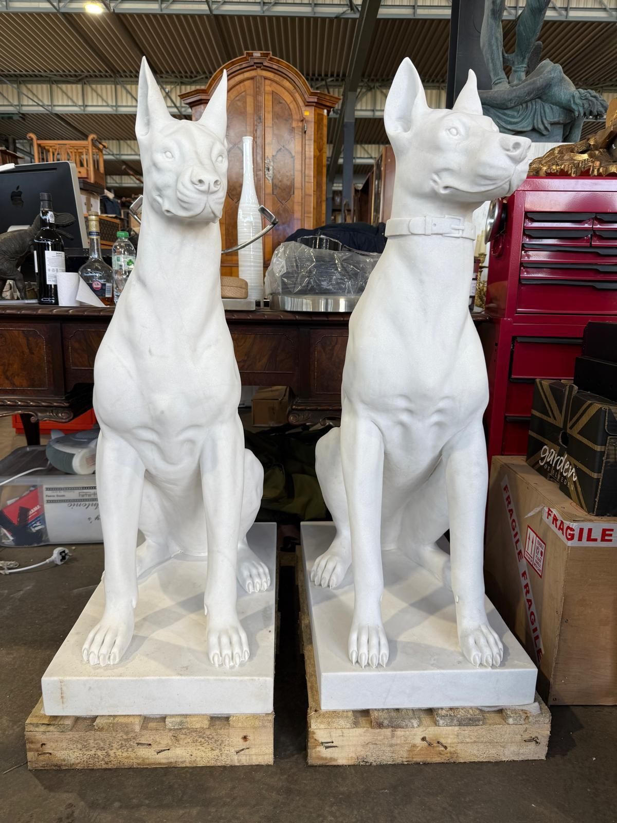 Pair Of Monumental Hand Carved White Marble Doberman Statues photo furniture