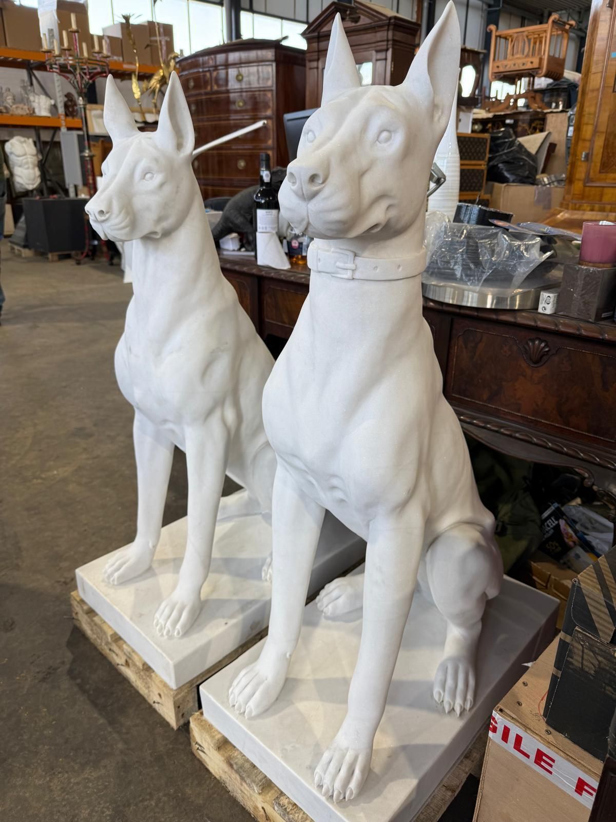 Pair Of Monumental Hand Carved White Marble Doberman Statues photo for sale