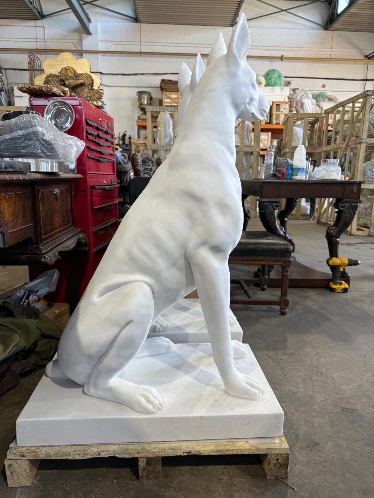 Pair Of Monumental Hand Carved White Marble Doberman Statues photo Art