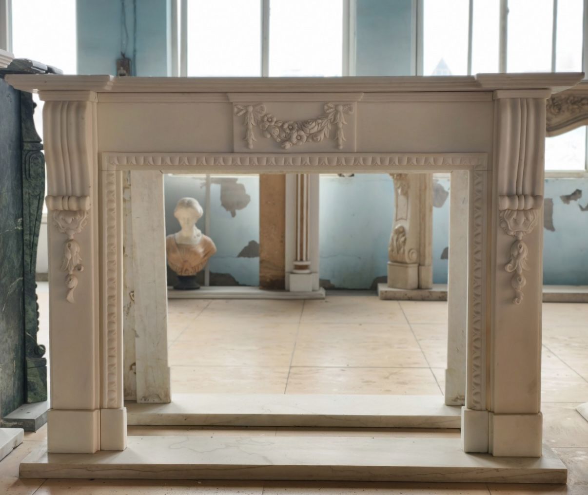 Neoclassical Hand Carved Marble Fireplace Mantle With Swag And Reeded Column