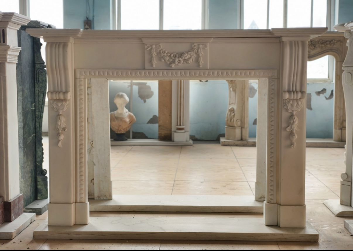 Neoclassical Hand Carved Marble Fireplace Mantle With Swag And Reeded Column photo 5000.0