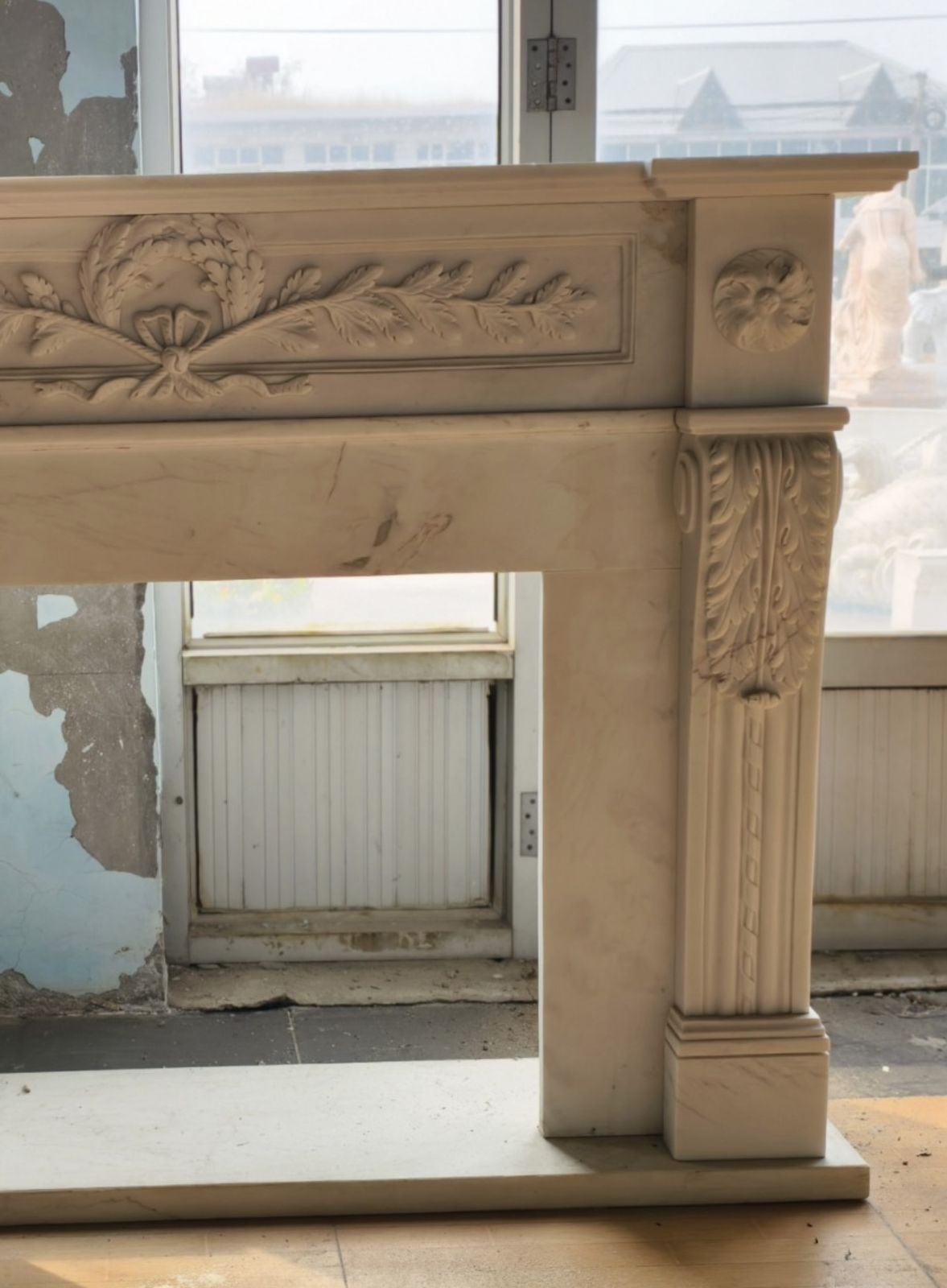 Neoclassical Hand Carved White Marble Fireplace Mantle With Laurel And Rosette photo furniture
