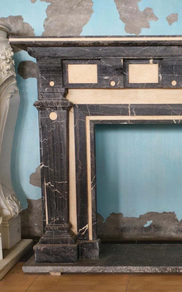 Striking Black And Cream Marble Fireplace Mantle photo furniture