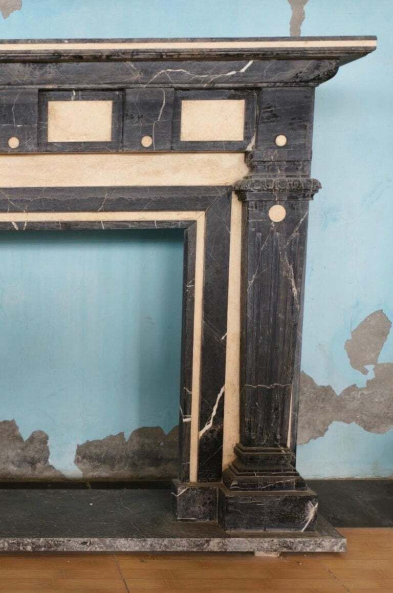 Striking Black And Cream Marble Fireplace Mantle photo for sale