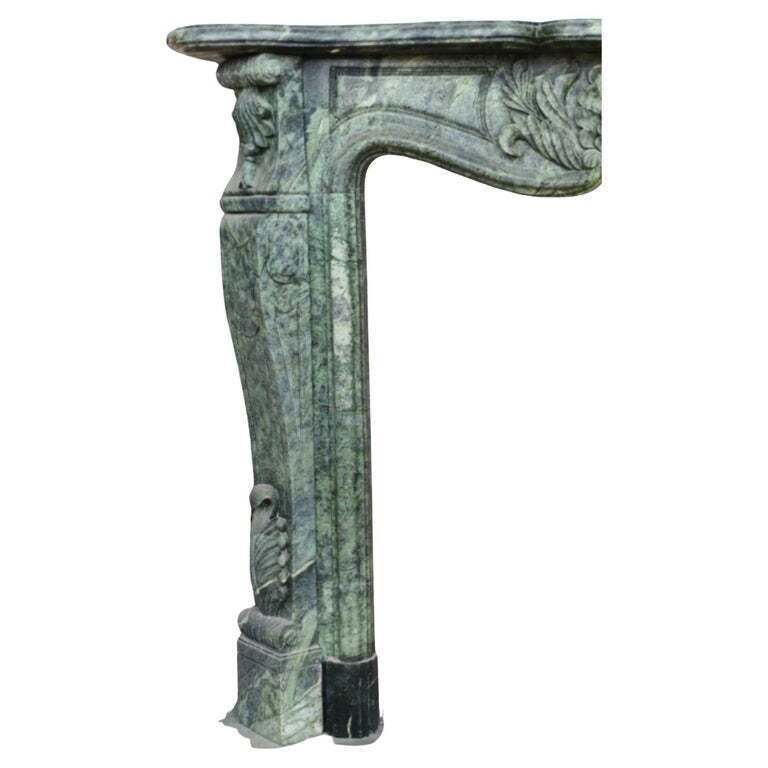 Rare Hand Carved Green Marble Fireplace Mantle With Shell And Foliate Motif photo for sale