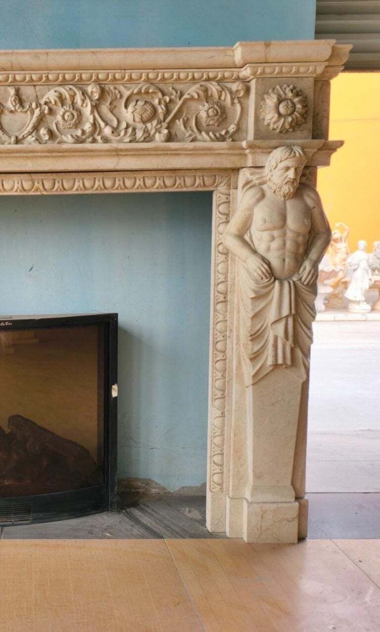 Imposing Hand Carved Fireplace Mantle With Male Caryatids And Classical Frieze photo Home Fixtures