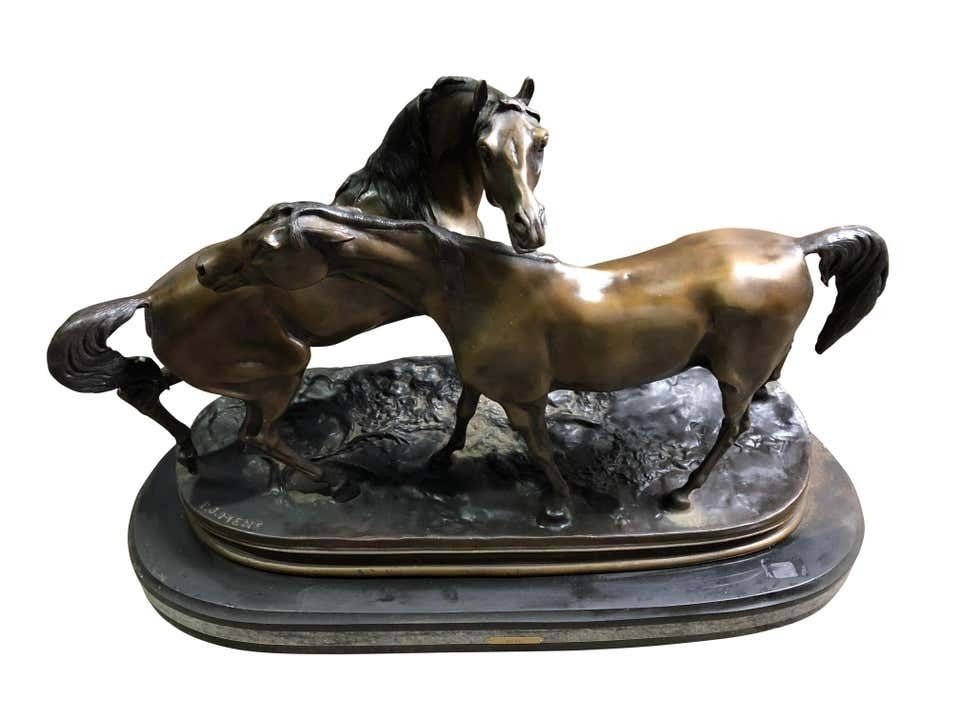 French Patinated Miniature Bronze Figure Of Two Horses By P.J. Mene photo furniture