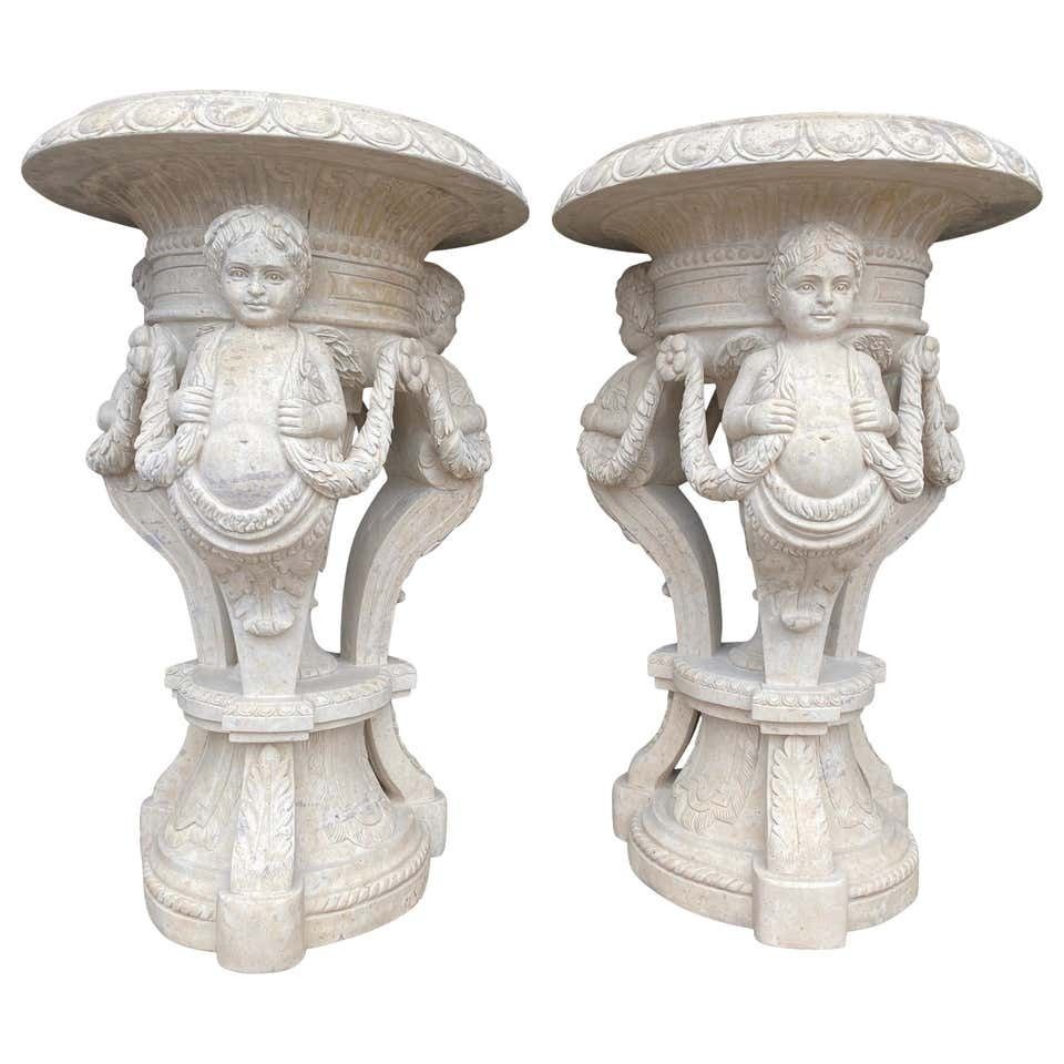 20th Century Large Pair Of Hand Carved Marble Planters