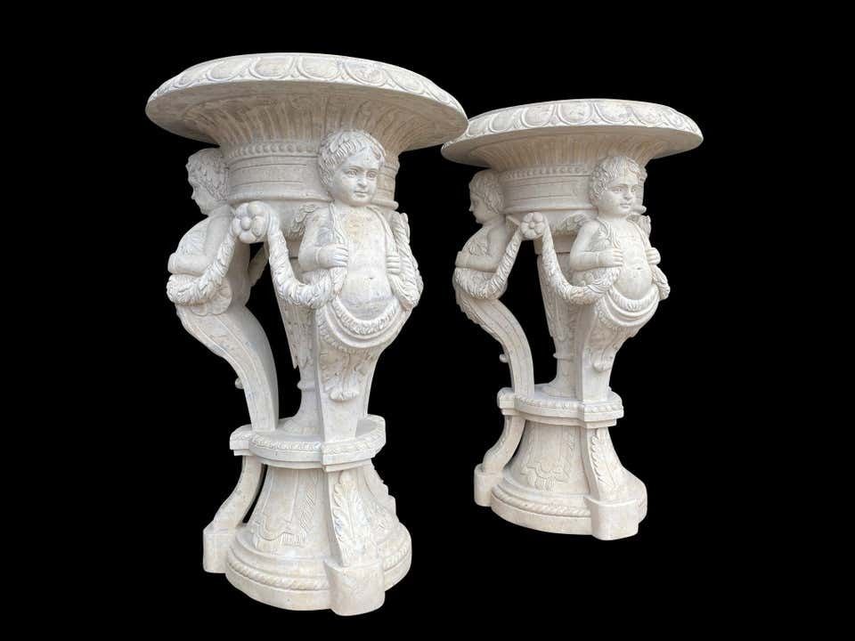 20th Century Large Pair Of Hand Carved Marble Planters photo Garden Decor