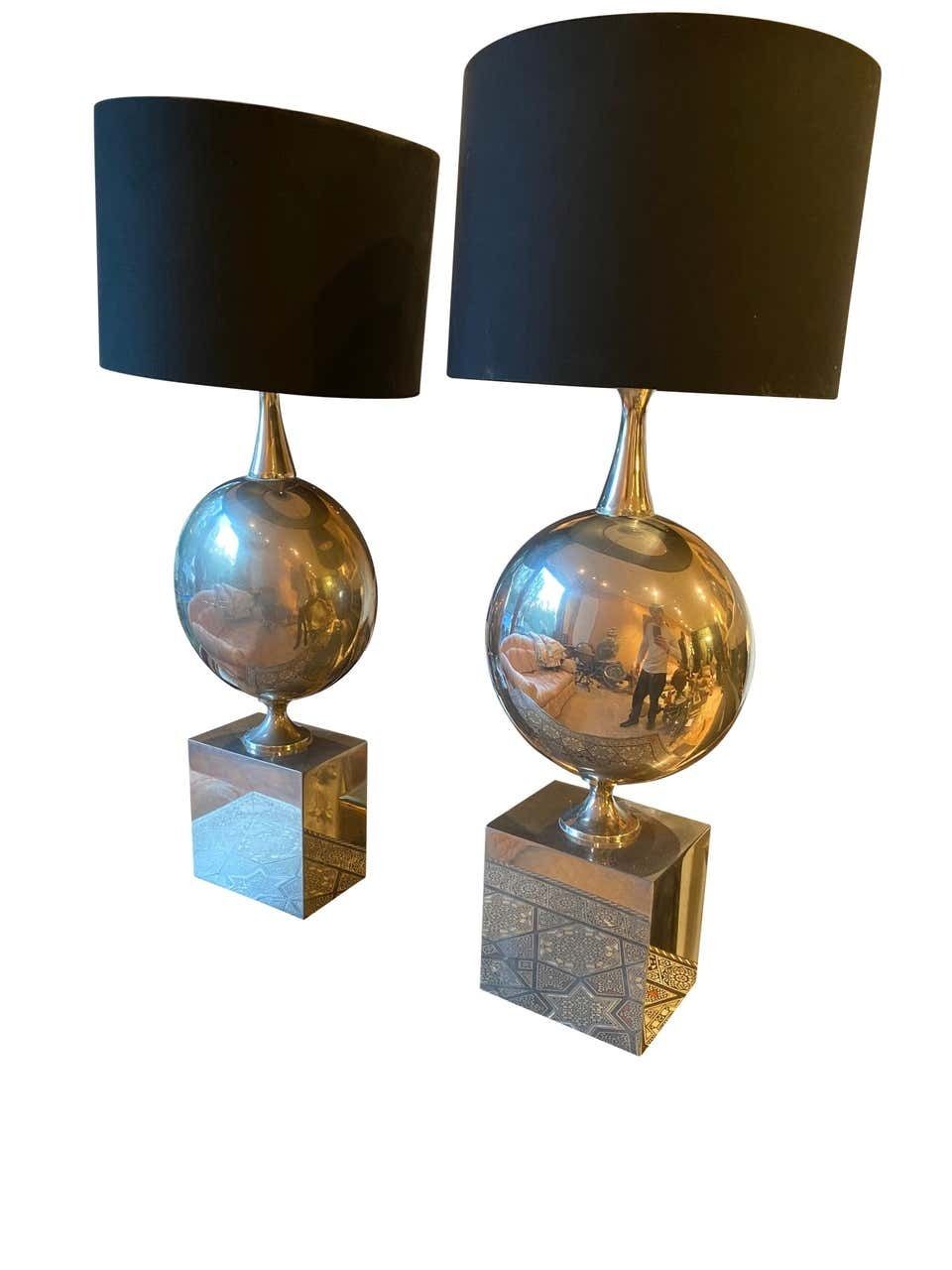 Maison Barbier Pair Of Chromed Steel Table Lamps, 1970s photo for sale