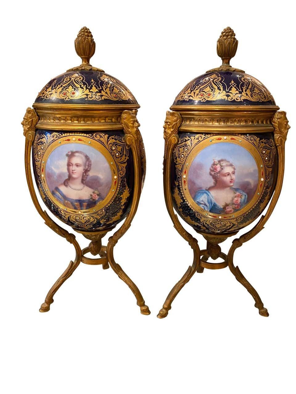 Antique Pair Of ‘Sèvres’ Style Ormolu Mounted Vases And Covers, 1860 photo furniture
