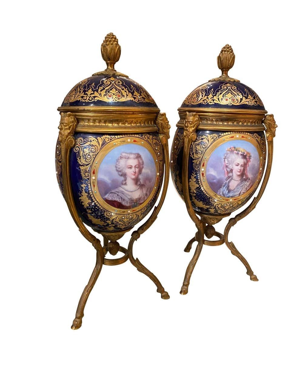 Antique Pair Of ‘Sèvres’ Style Ormolu Mounted Vases And Covers, 1860 photo Home Decor