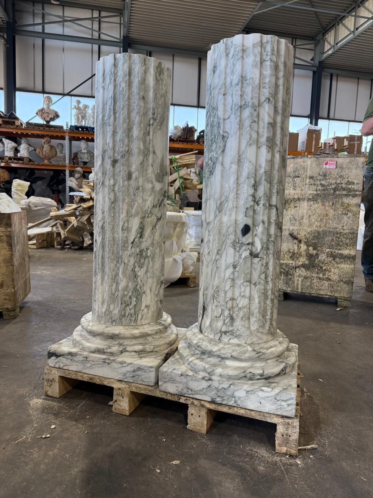 Pair Of Grand Fluted Verde Alpi Marble Columns On Stepped Bases photo vintage