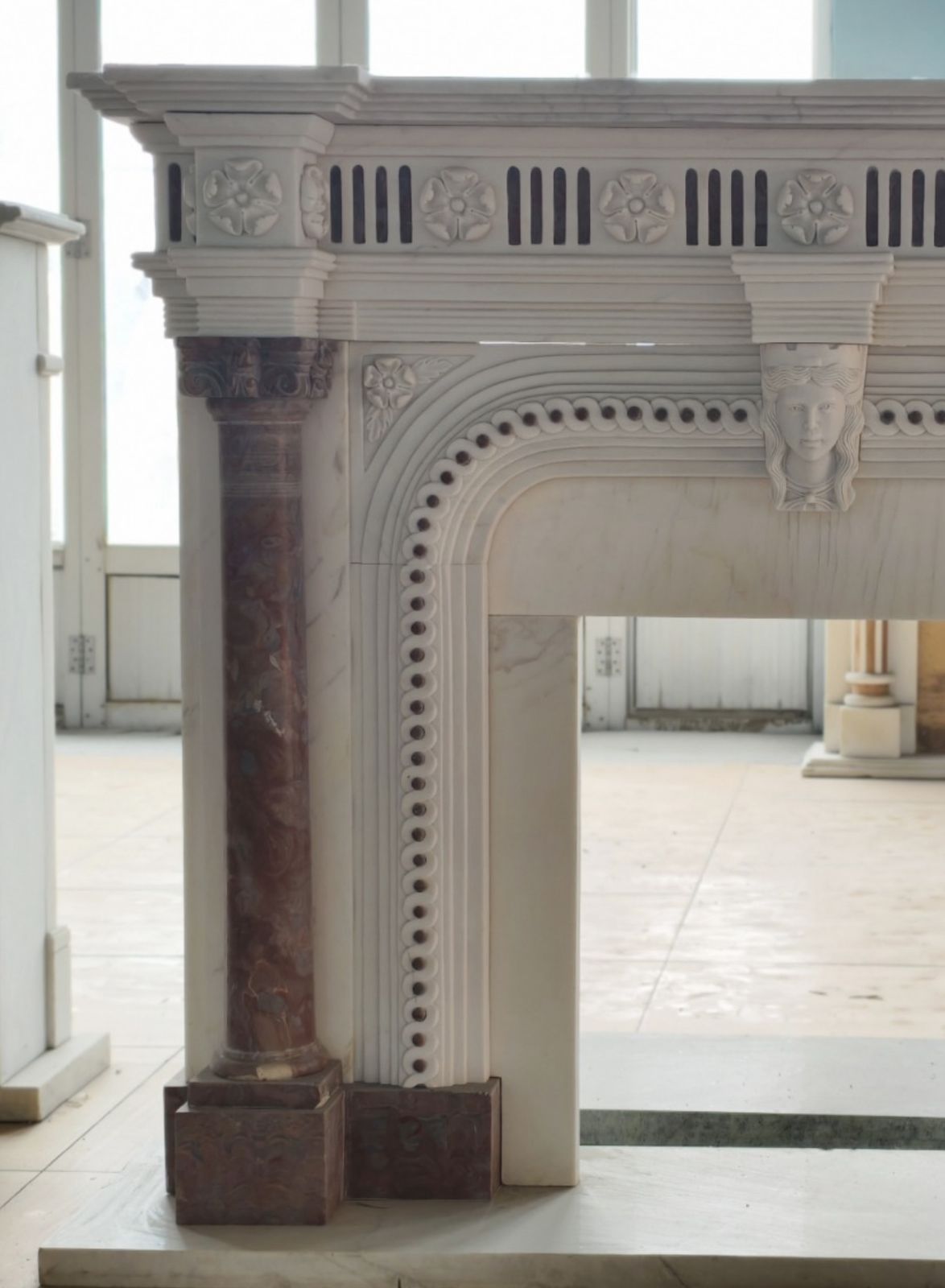 Striking Neoclassical Marble Fireplace Mantle With Red Marble Columns photo for sale