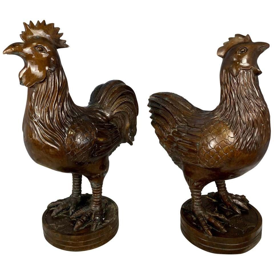 Pair Of Oriental Bronze Hen And Cockerel, 20th Century