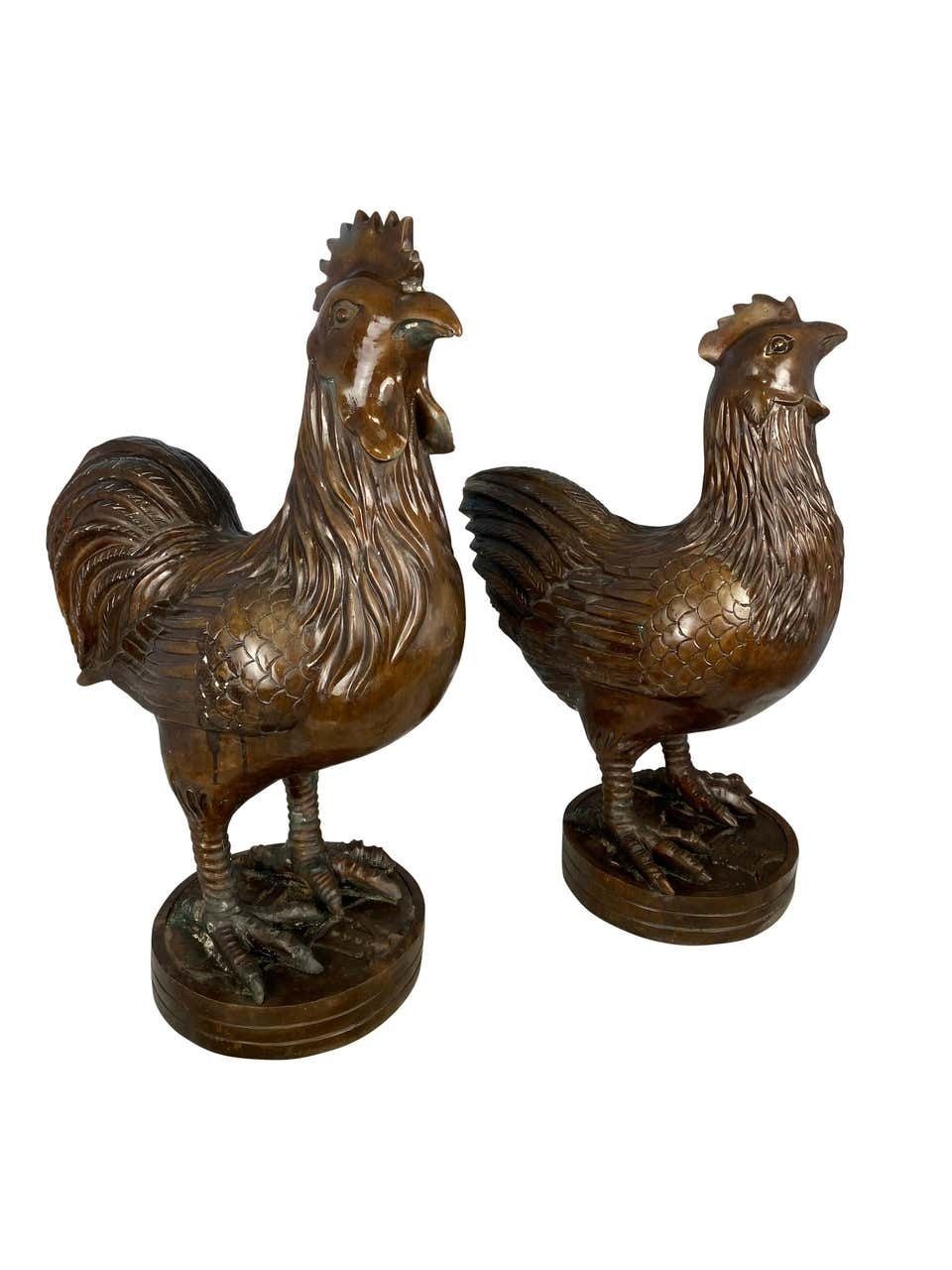 Pair Of Oriental Bronze Hen And Cockerel, 20th Century photo furniture