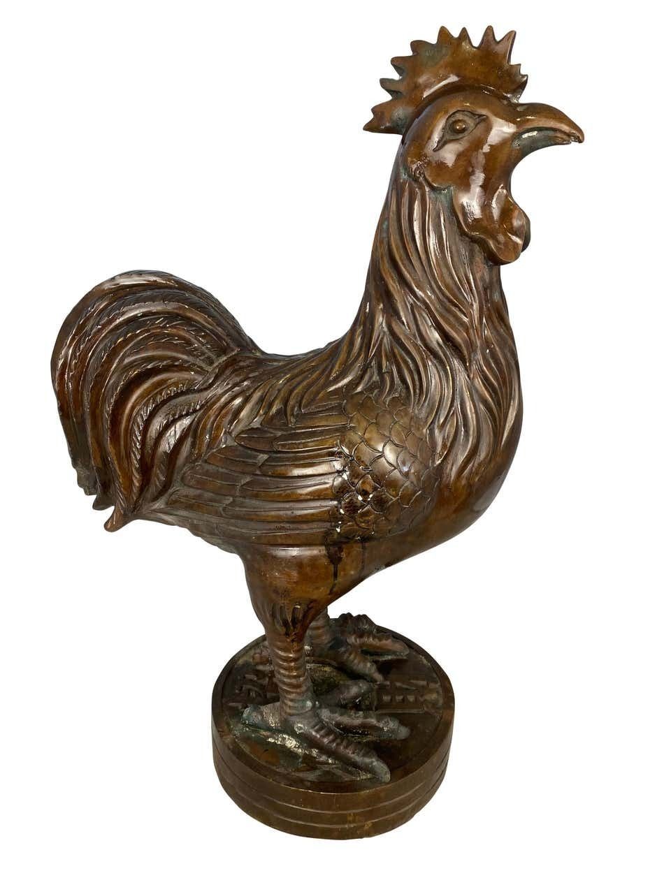 Pair Of Oriental Bronze Hen And Cockerel, 20th Century photo vintage