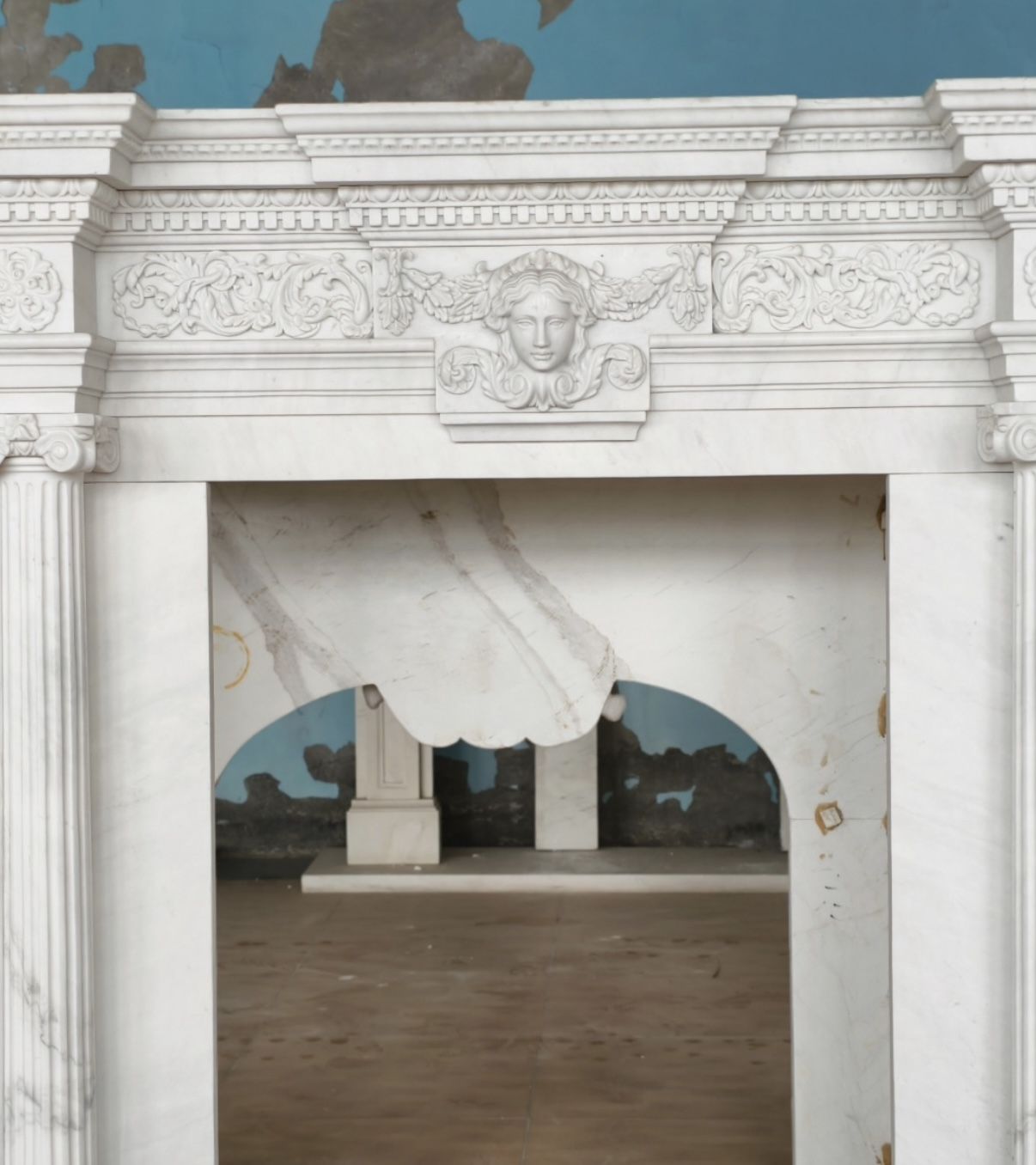 Grand Neoclassical White Marble Fireplace Mantle With Classical Mask photo furniture