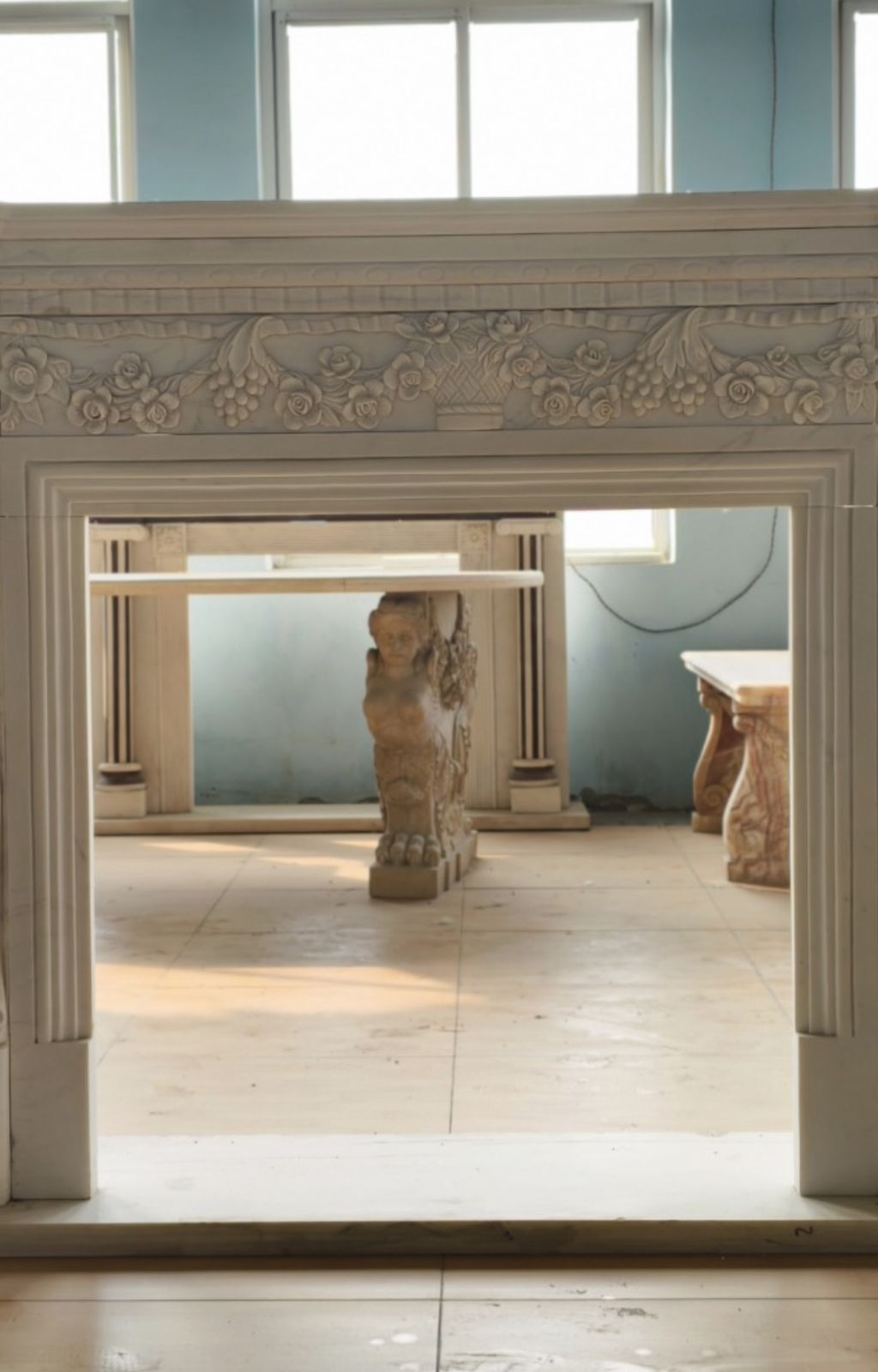 Monumental Neoclassical Hand Carved Marble Fireplace Mantle With Caryatid Figure photo Home Fixtures