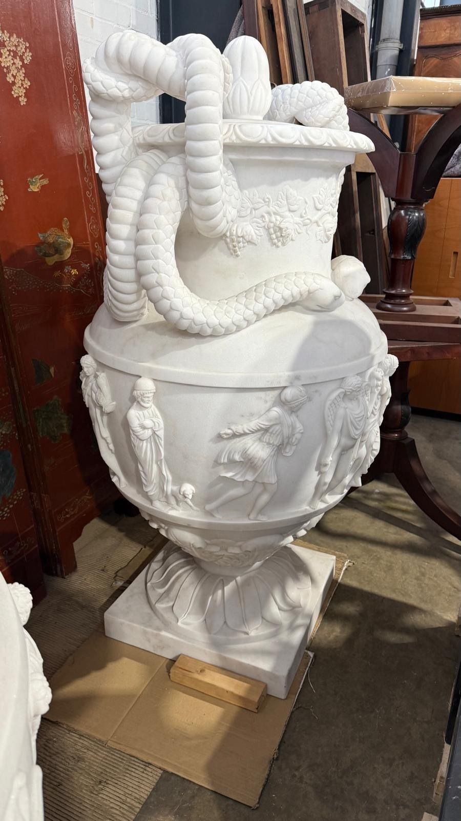 20th Century Greek Style White Carrara Marble Urns, Set Of 2 photo for sale