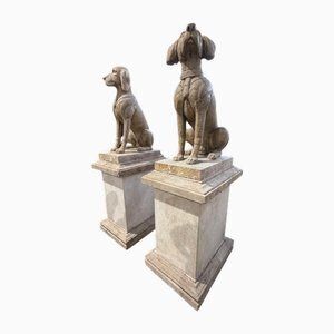 Pair Of Hand Carved Stone Dogs On Plinths – 20th Century