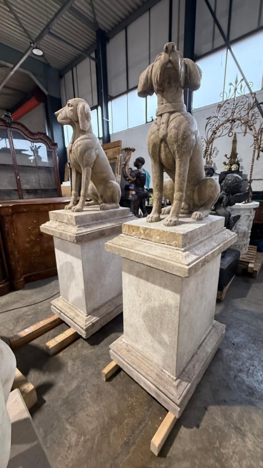 Pair Of Hand Carved Stone Dogs On Plinths – 20th Century photo furniture