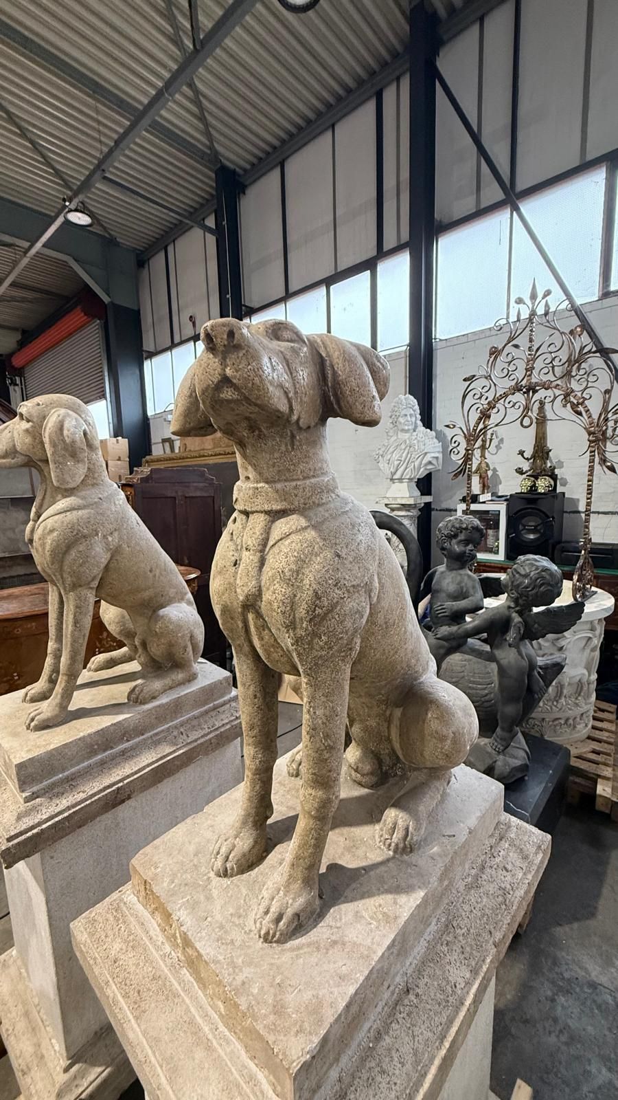 Pair Of Hand Carved Stone Dogs On Plinths – 20th Century photo for sale