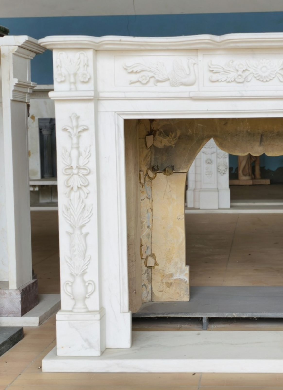 Elegant Hand Carved White Marble Fireplace Mantle With Swan And Floral Relief photo Home Fixtures