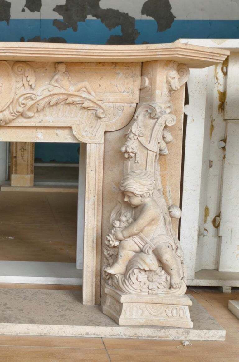 Romantic Hand Carved Fireplace Mantle With Cherubs And Shield Cartouch photo for sale
