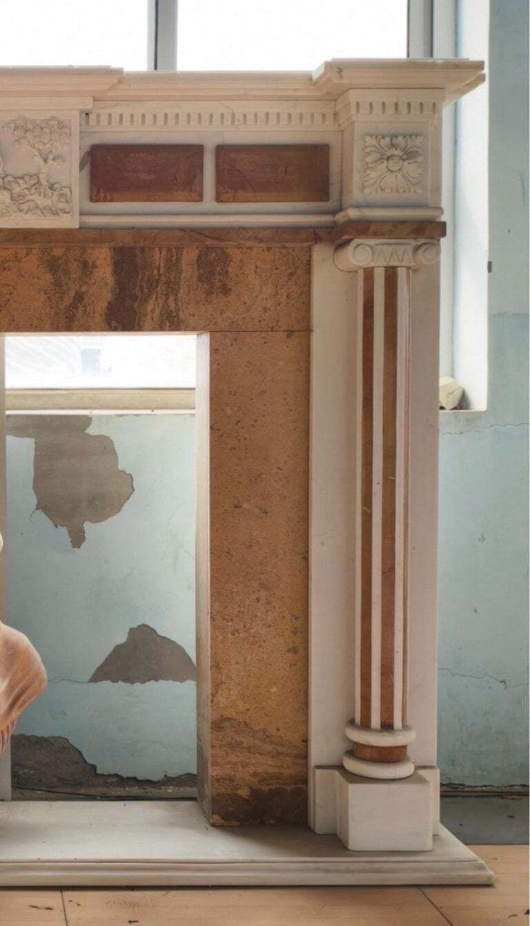 Elegant Neoclassical Marble Fireplace Mantle With Terracotta Inlay photo Home Fixtures