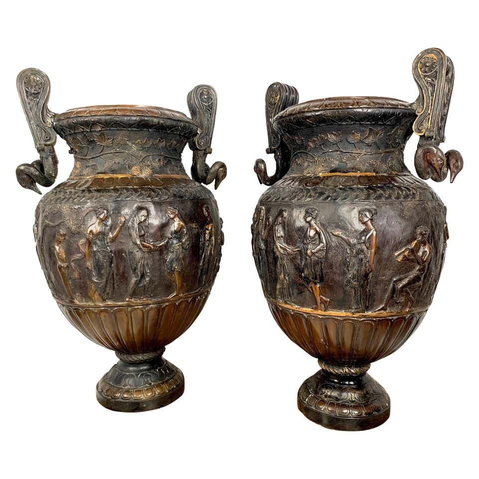 Pair Of Cast Bronze Neoclassical Roman Style Urns