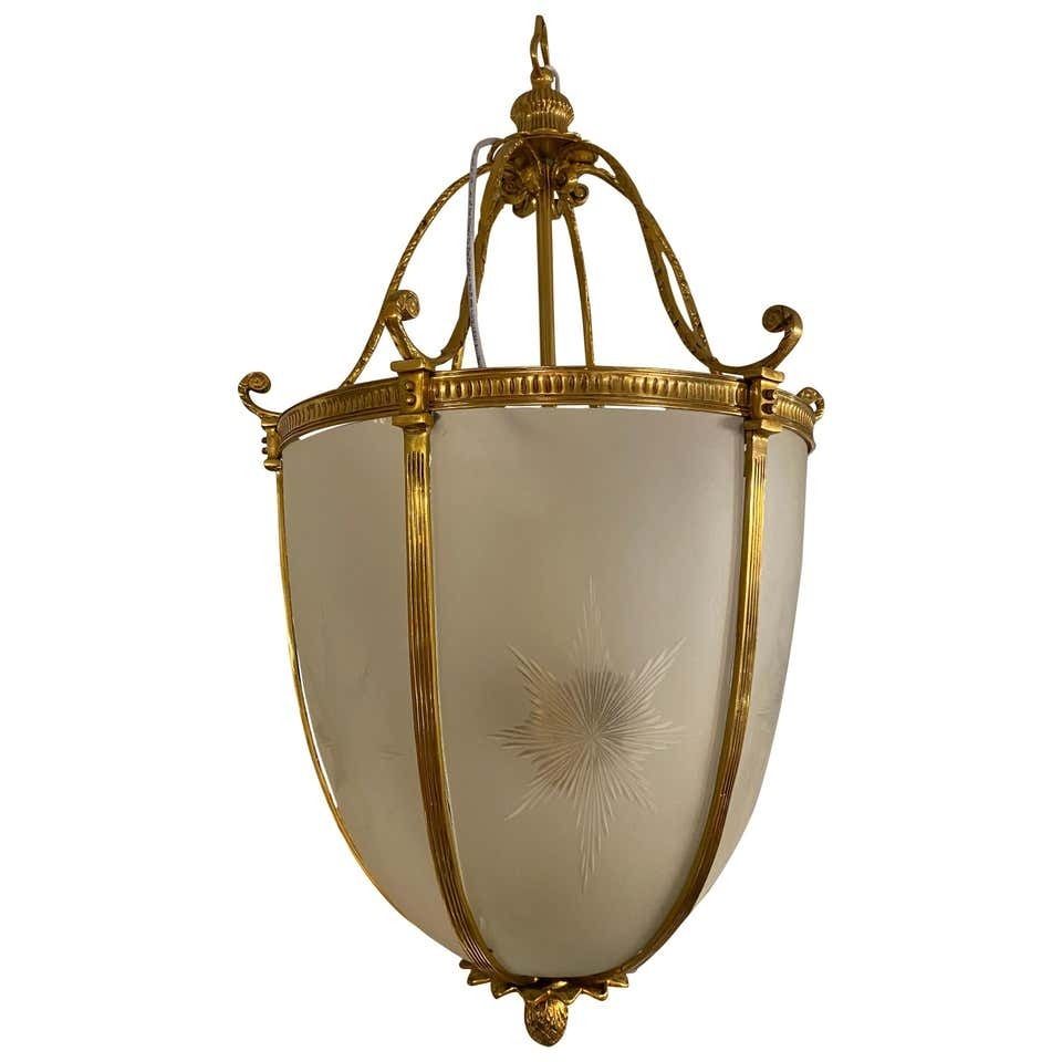 20th Century Large Hanging Frosted Glass And Ormolu Lantern